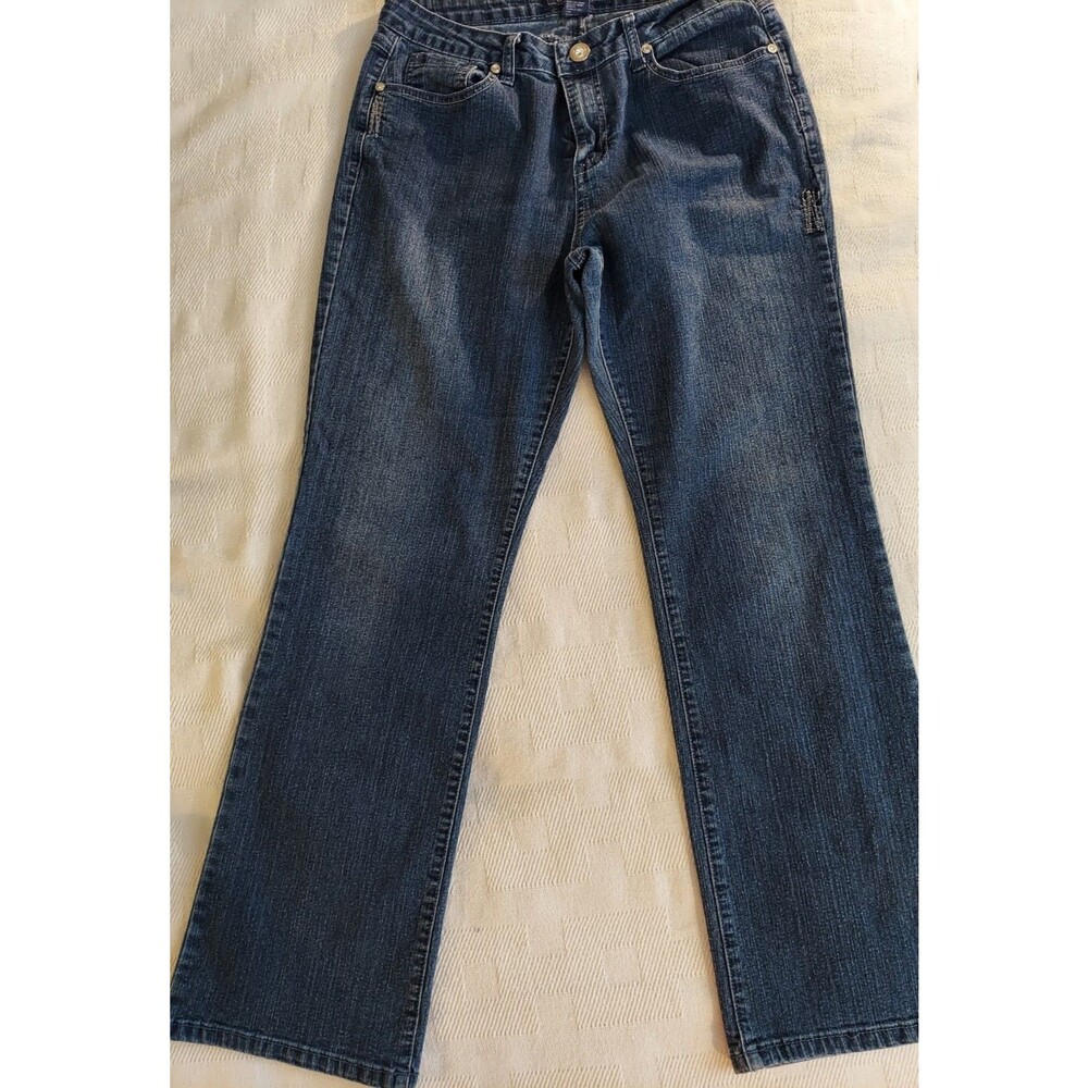 Baccini Designer Stretch Jeans Rhinestones Distress Stitching Sz 10P Bootcut